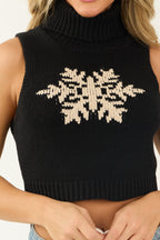 Women's Black Snowflake Graphic Turtleneck Crop Sweater