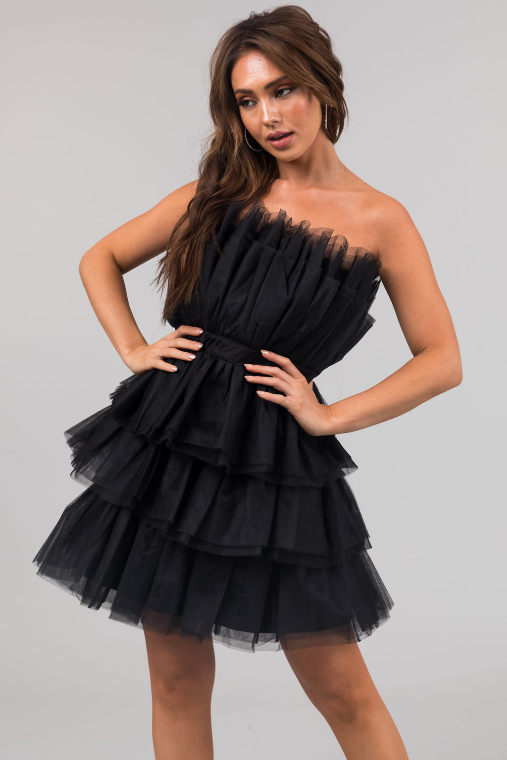 Women's Black Strapless Tiered Tulle Mini Dress