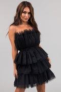 Women's Black Strapless Tiered Tulle Mini Dress