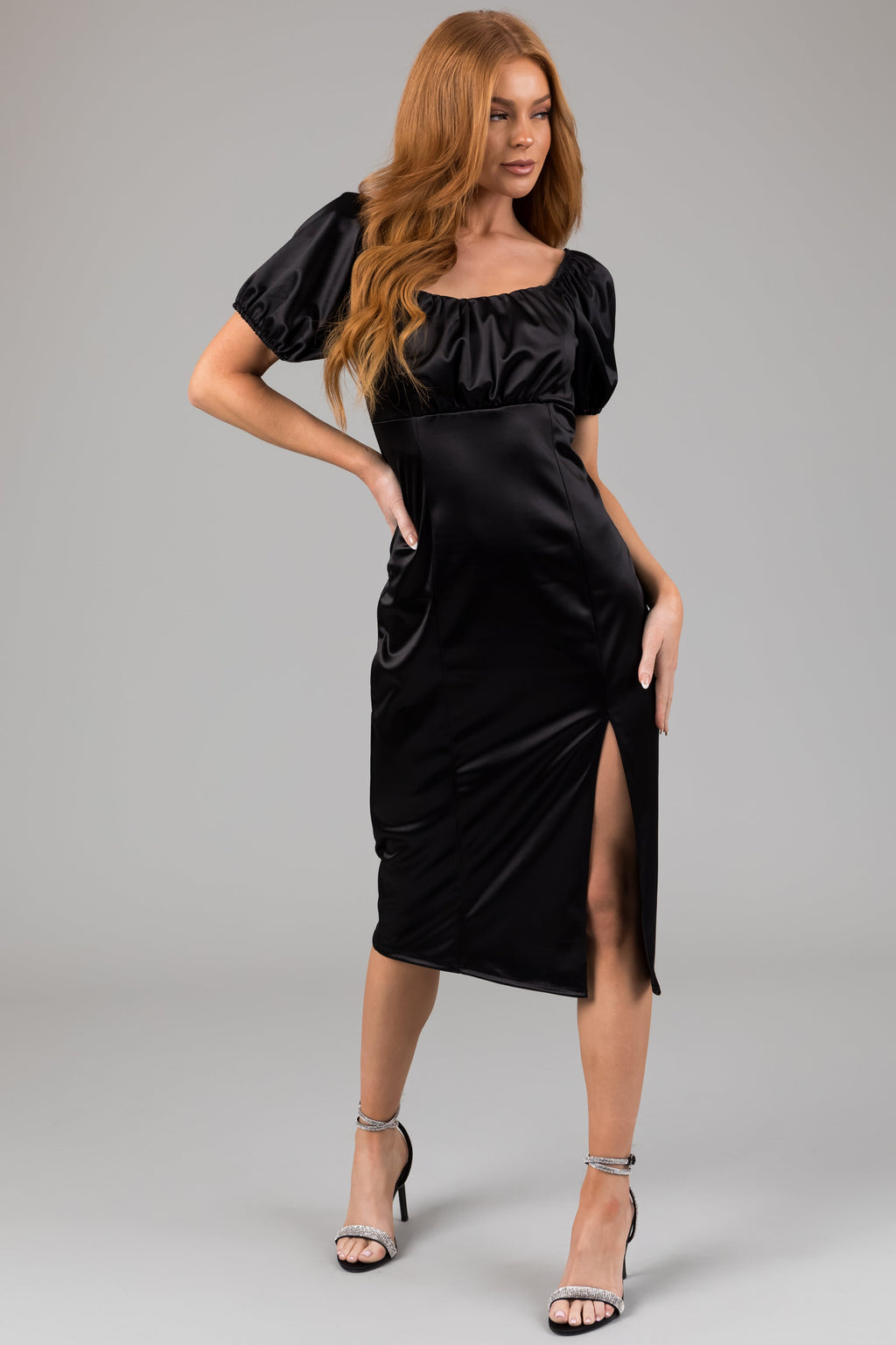 Women's Black Satin Square Neck Puff Sleeve Midi Dress