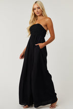 Women's Black Strapless Lace Wide-Leg Jumpsuit