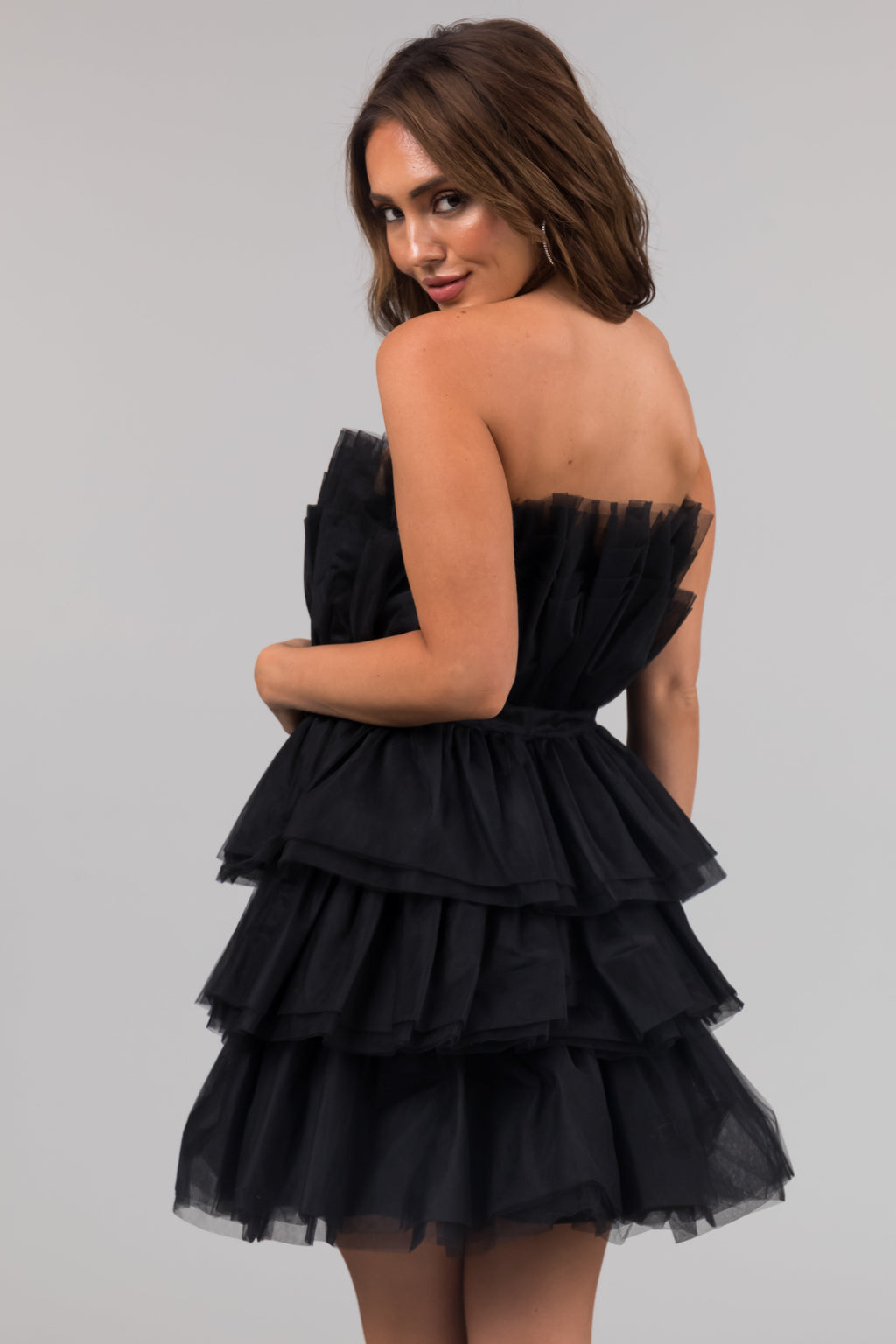 Women's Black Strapless Tiered Tulle Mini Dress