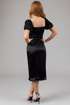 Women's Black Satin Square Neck Puff Sleeve Midi Dress