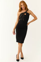 Women's Black Sleeveless Eyelet Stud Detail Midi Dress