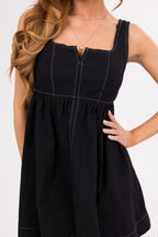 Women's Black Sleeveless Mini Dress with Stitching Detail