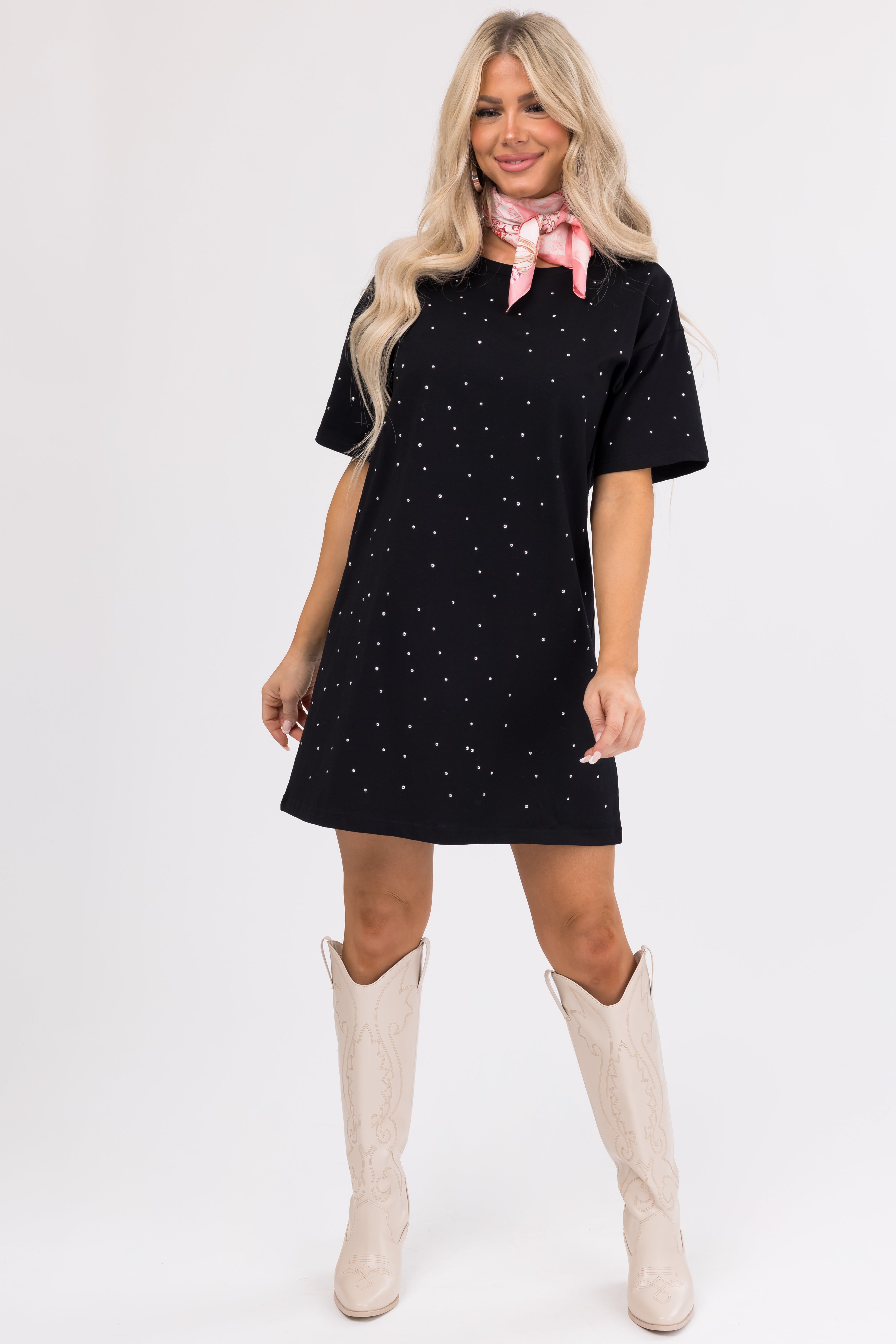 Women's Black Studded Short Sleeve Mini Dress