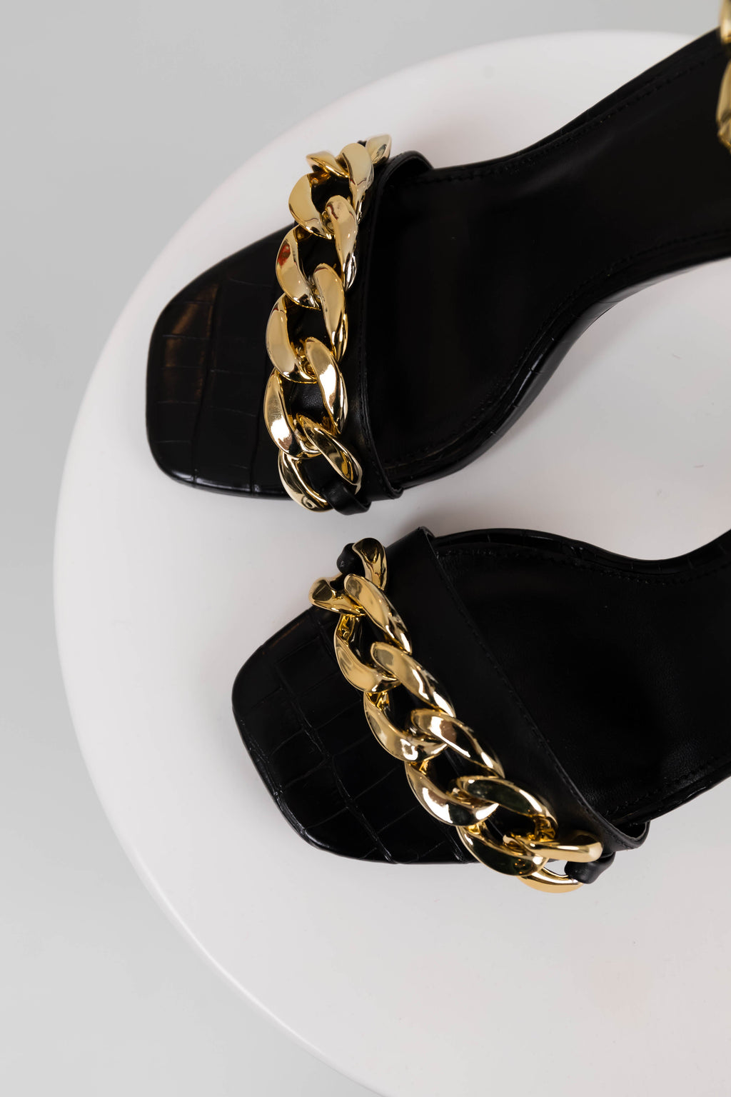 Women's Black Square Toe Chain Strap High Heels