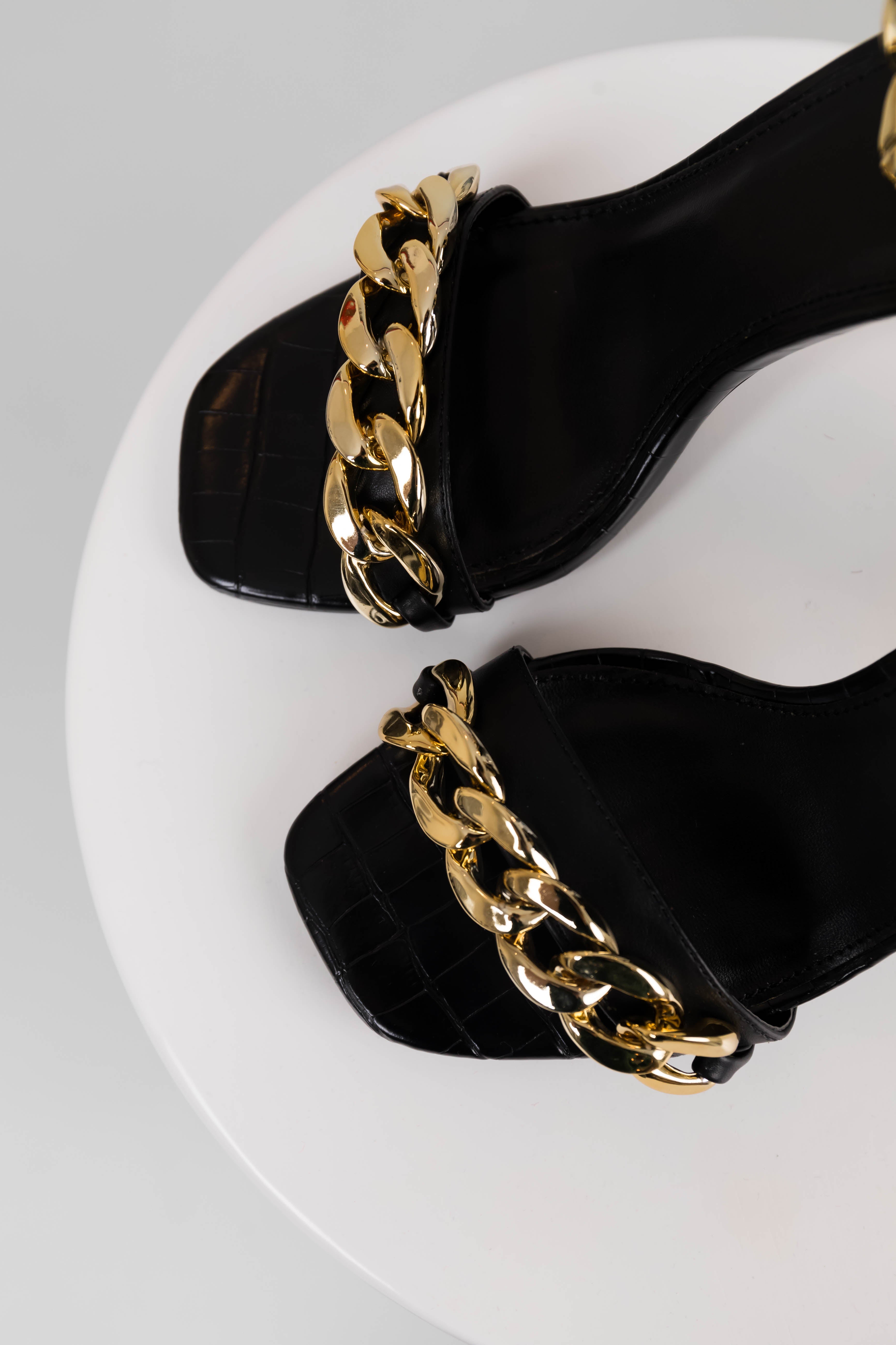Women's Black Square Toe Chain Strap High Heels