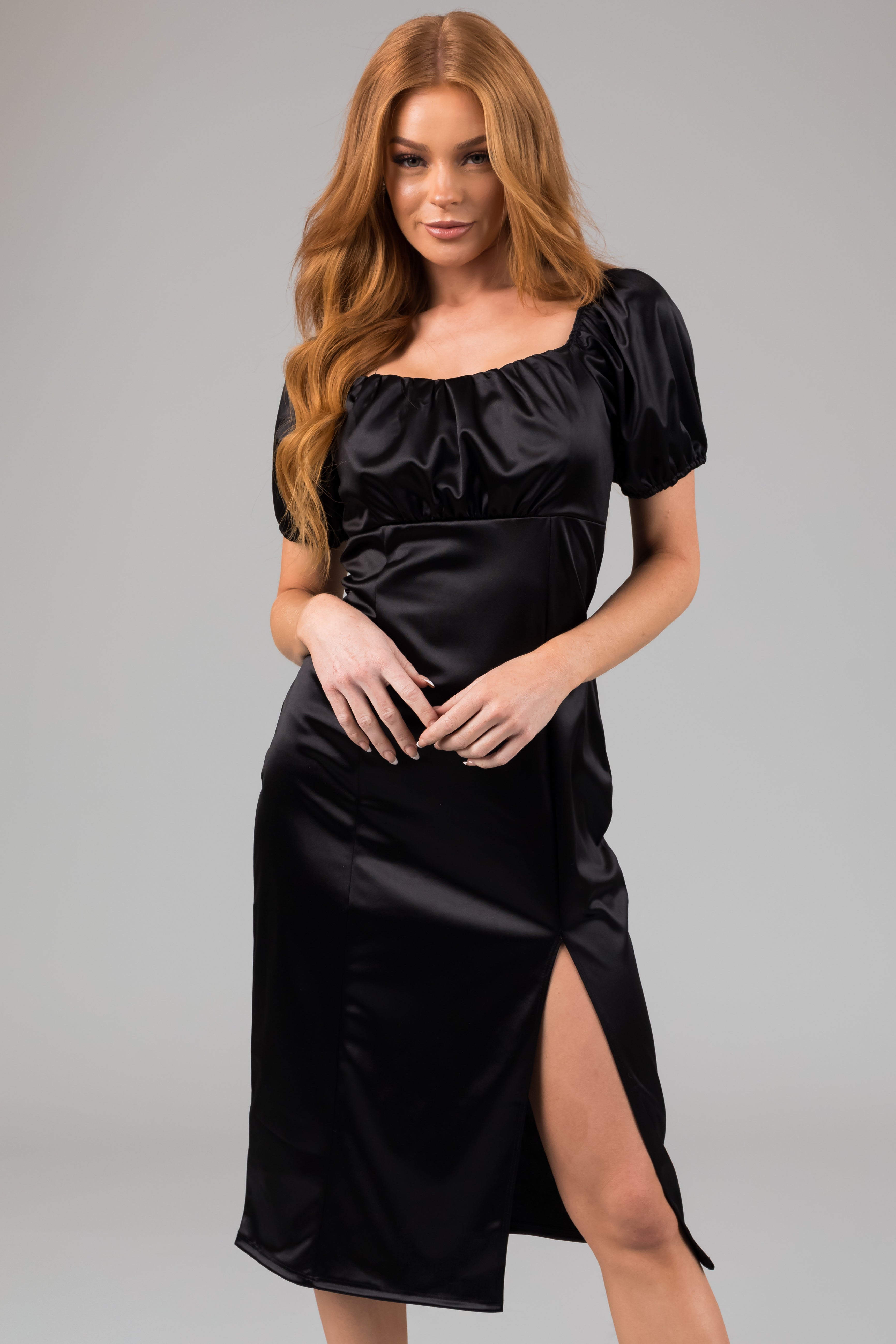Women's Black Satin Square Neck Puff Sleeve Midi Dress