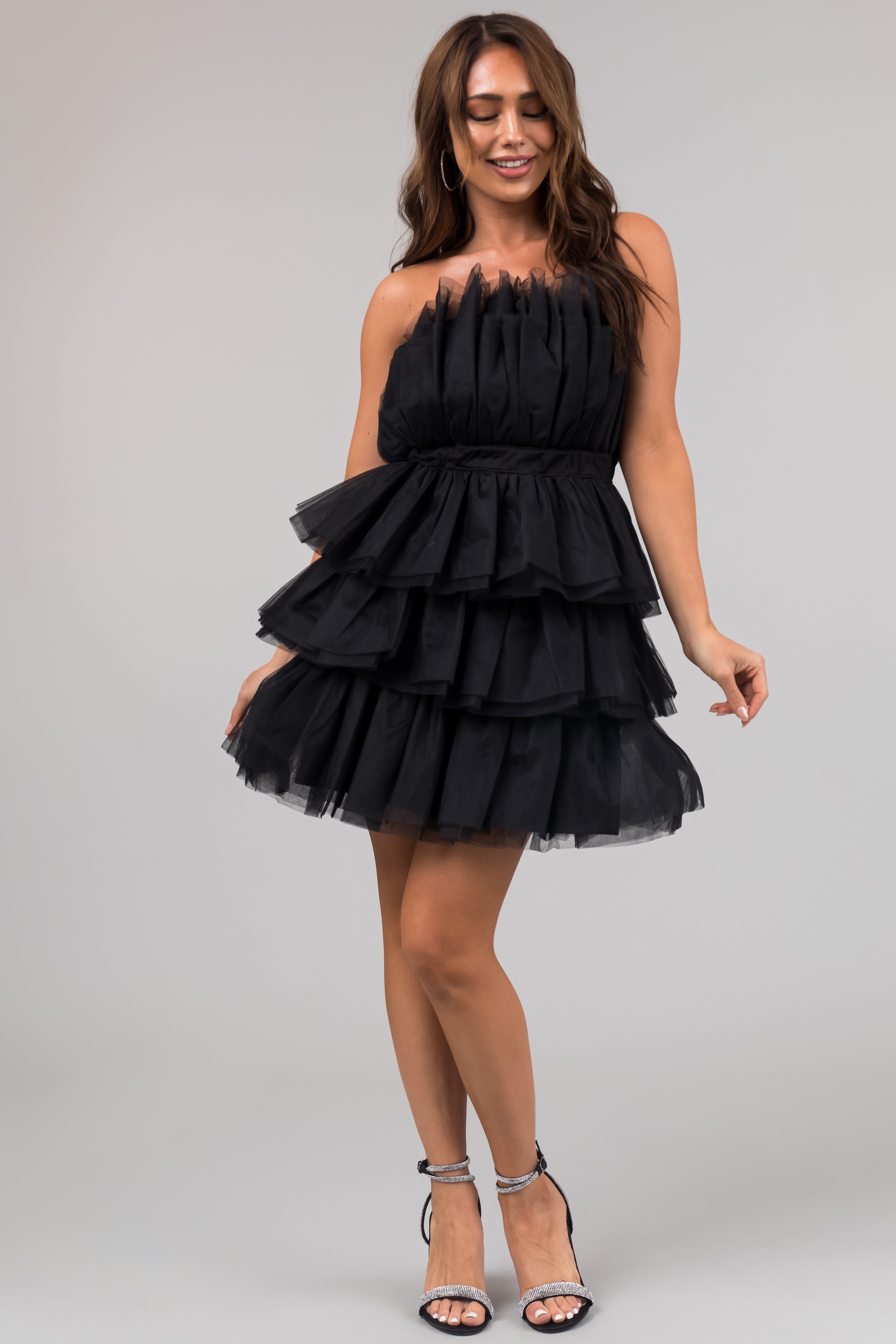 Women's Black Strapless Tiered Tulle Mini Dress