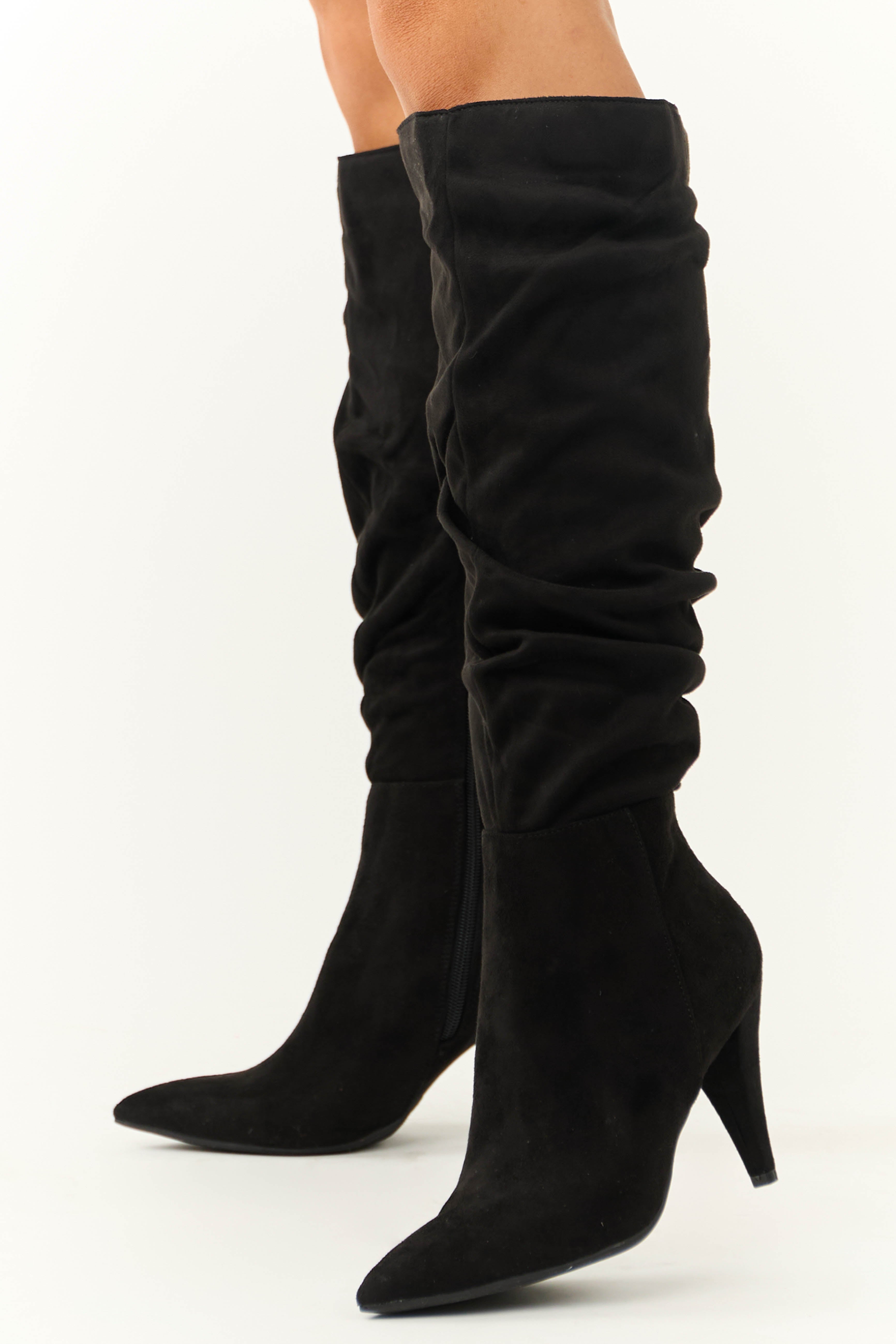 Women's Black Slouchy Pointed Heel Boots with Side Zip
