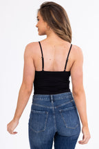 Women's Black Spaghetti Strap Bodysuit with Satin Bow