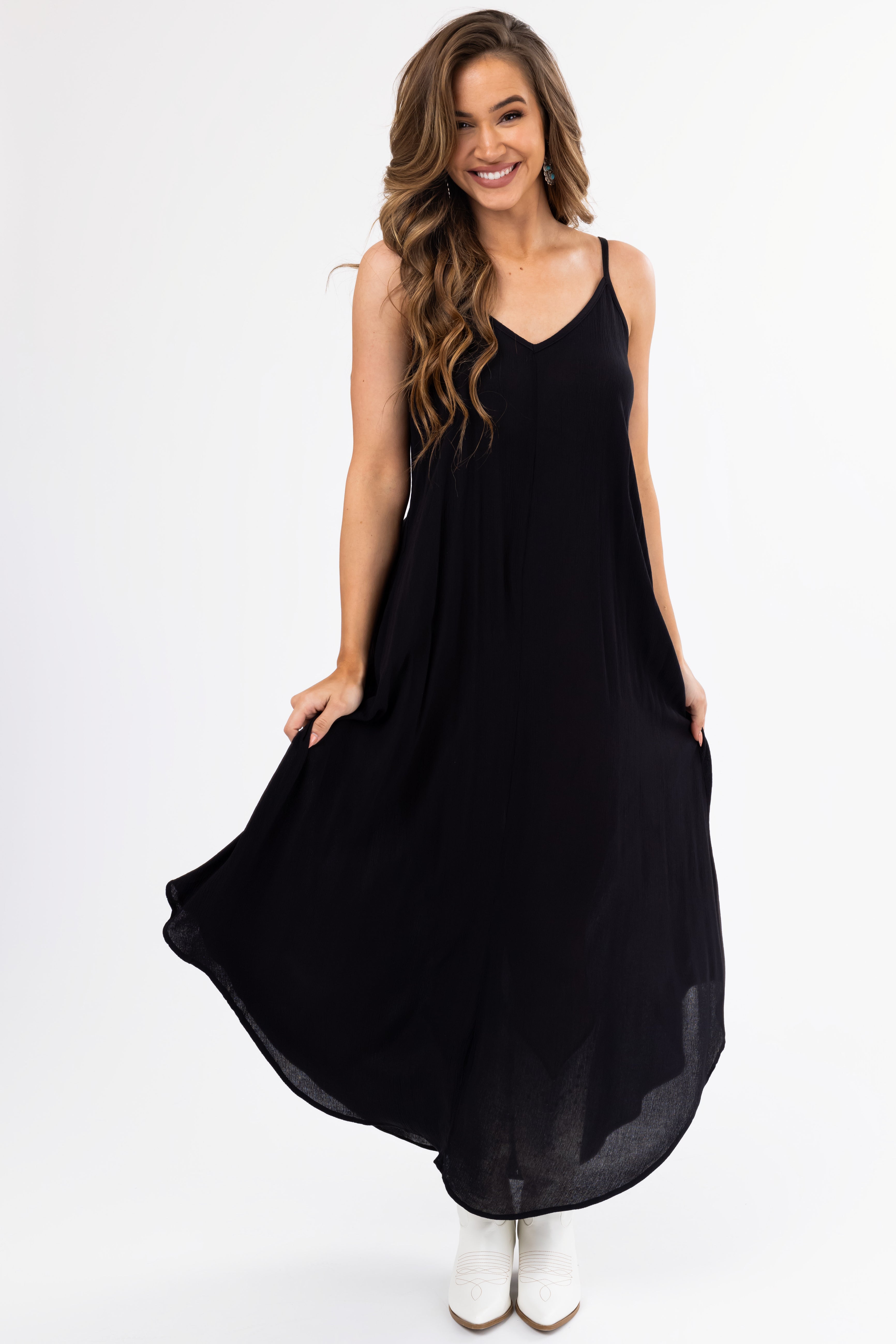 Women's Black Sleeveless V-Neck Textured Maxi Dress