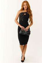 Women's Black Sleeveless Eyelet Stud Detail Midi Dress