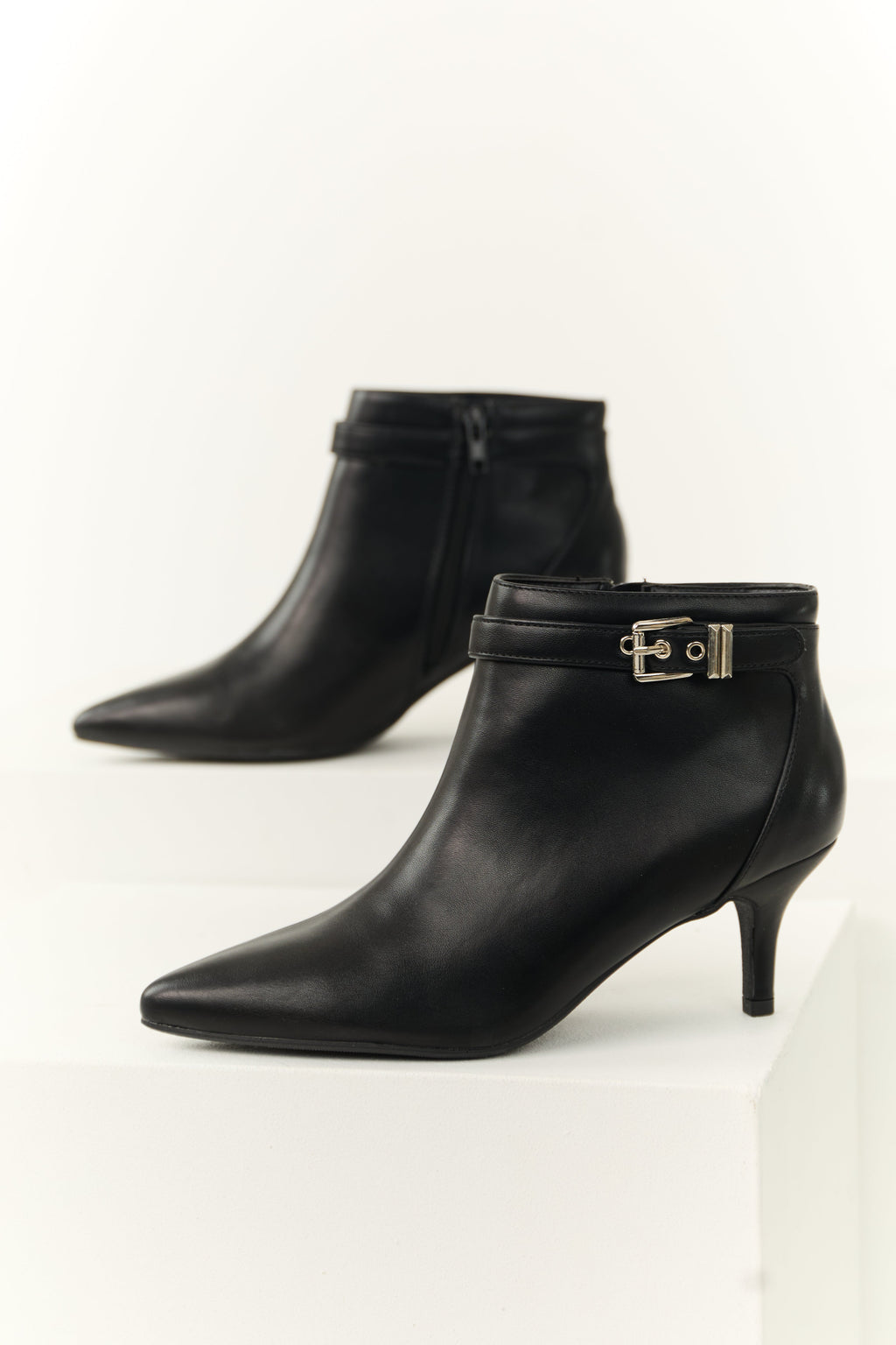 Women's Black Stiletto Ankle Booties with Silver Buckle