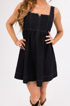 Women's Black Sleeveless Mini Dress with Stitching Detail