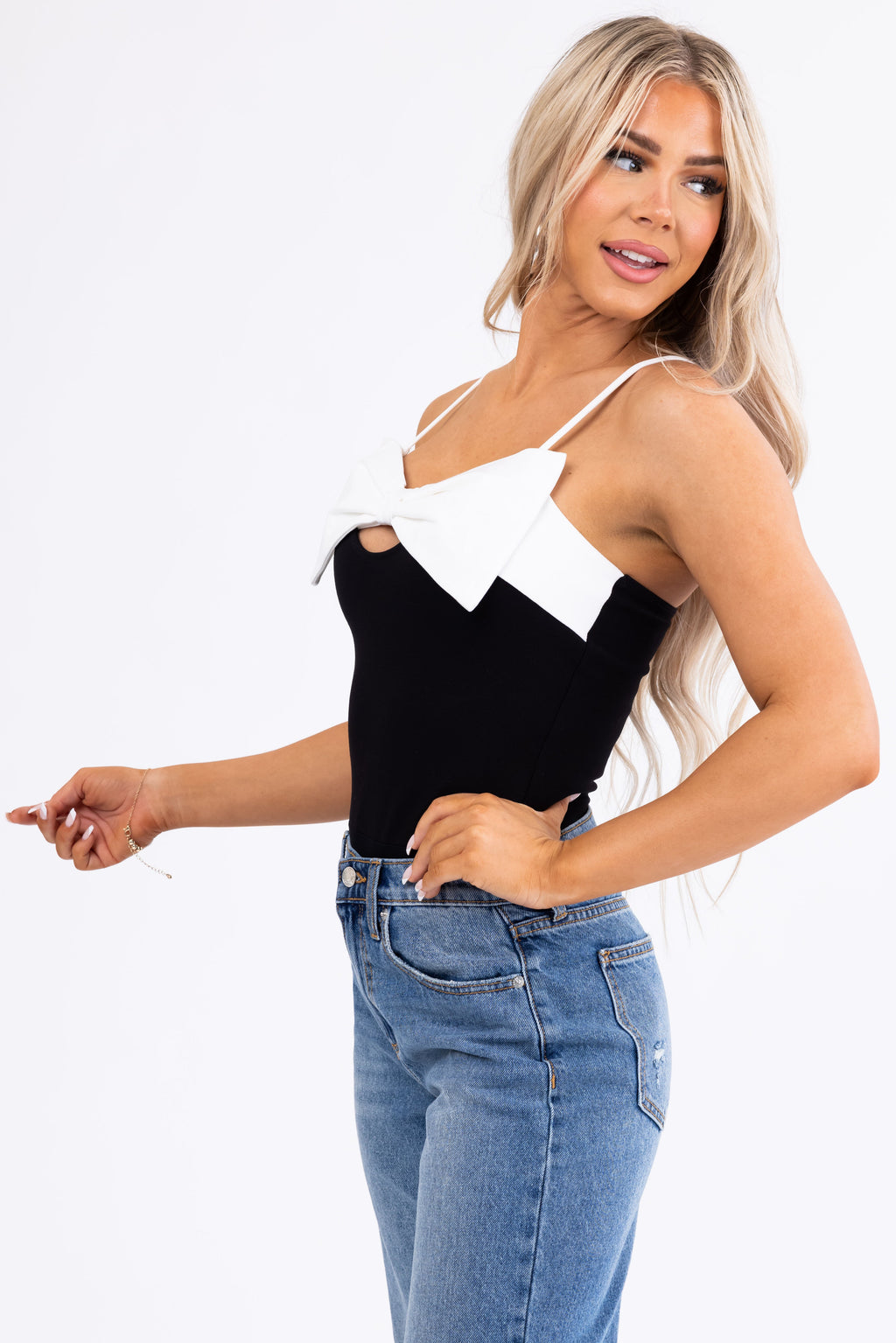 Women's Black Spaghetti Strap Bodysuit with White Bow