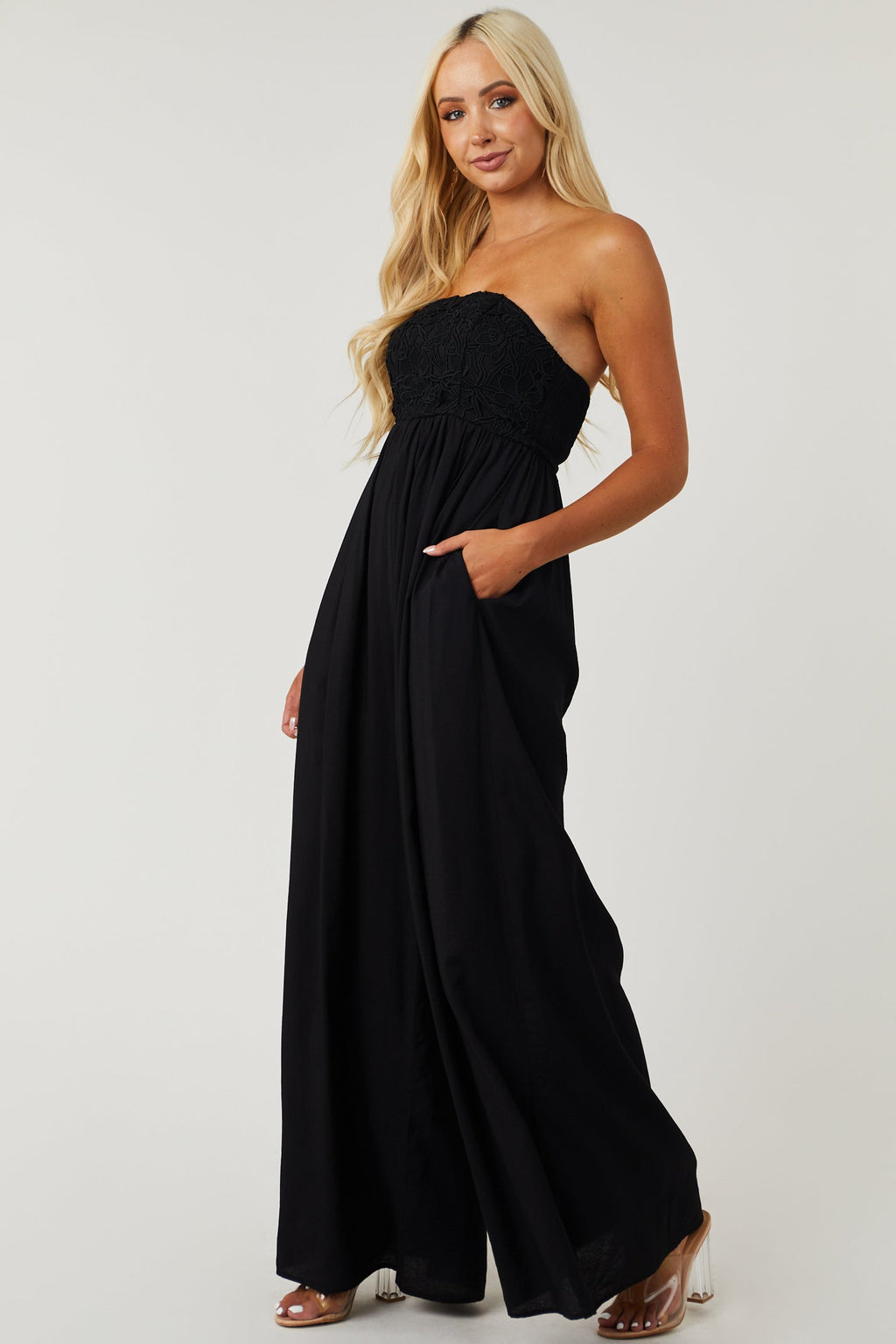 Women's Black Strapless Lace Wide-Leg Jumpsuit