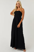 Women's Black Strapless Lace Wide-Leg Jumpsuit