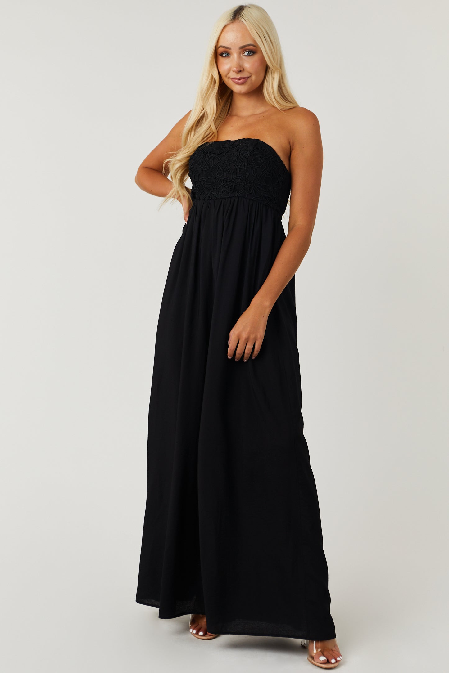 Women's Black Strapless Lace Wide-Leg Jumpsuit