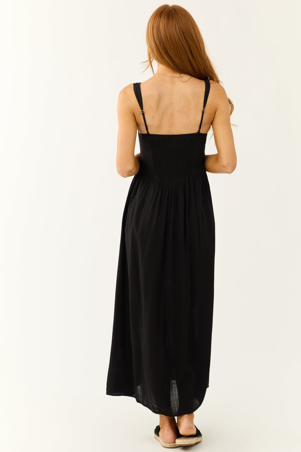 Women's Black Sleeveless Maxi Dress with Smocked Back