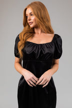 Women's Black Satin Square Neck Puff Sleeve Midi Dress