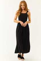 Women's Black Sleeveless Maxi Dress with Smocked Back