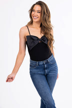 Women's Black Spaghetti Strap Bodysuit with Satin Bow