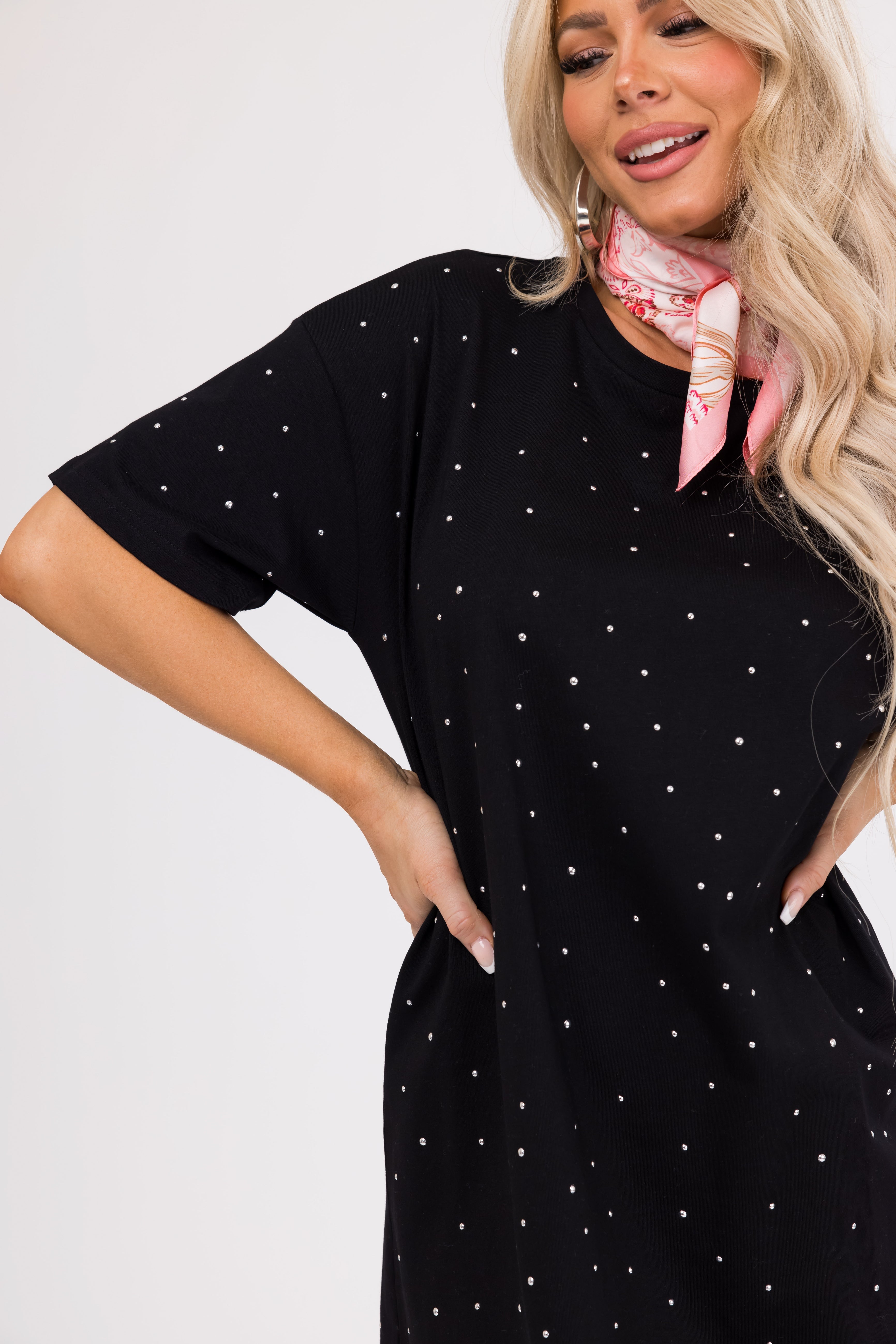 Women's Black Studded Short Sleeve Mini Dress