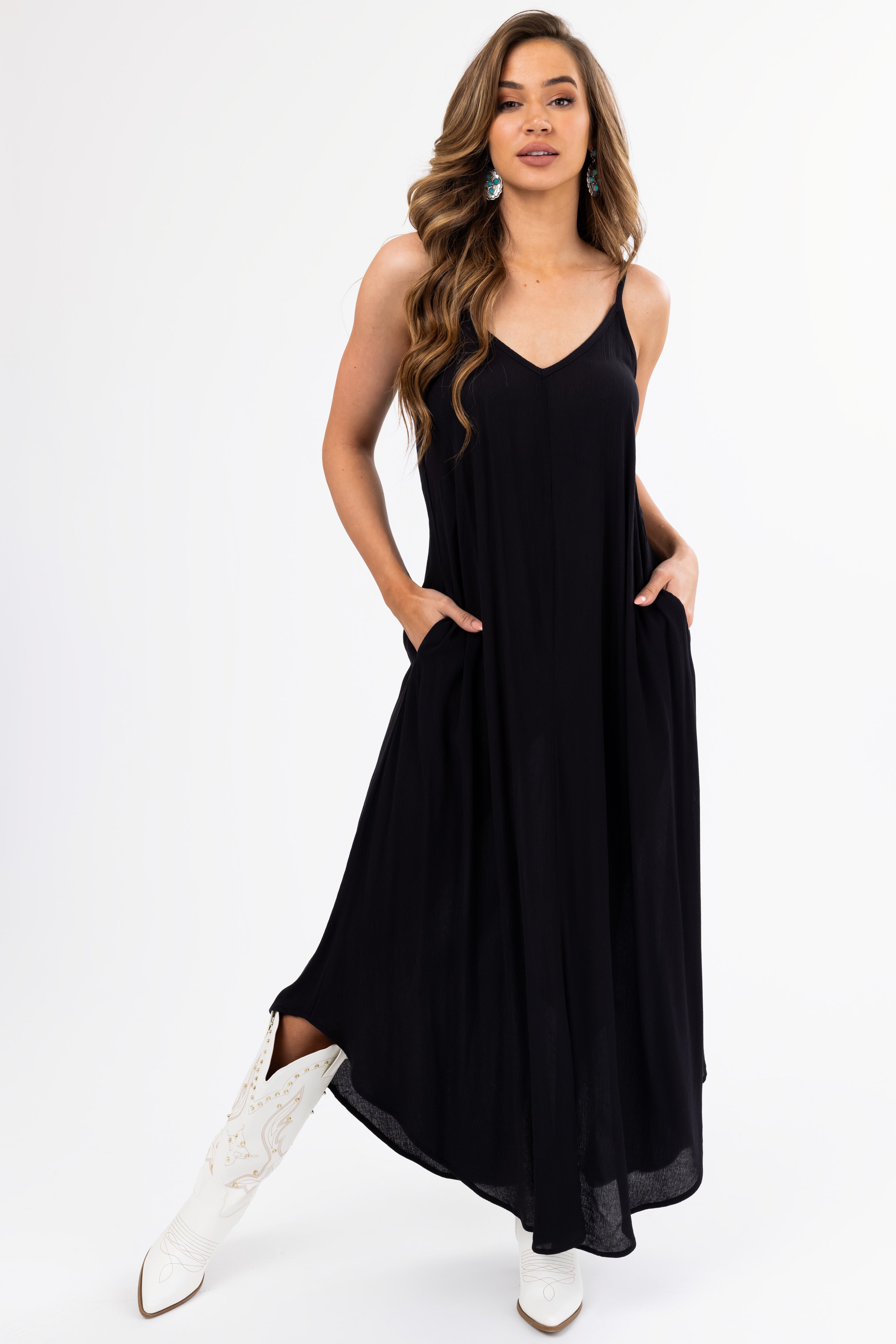 Women's Black Sleeveless V-Neck Textured Maxi Dress