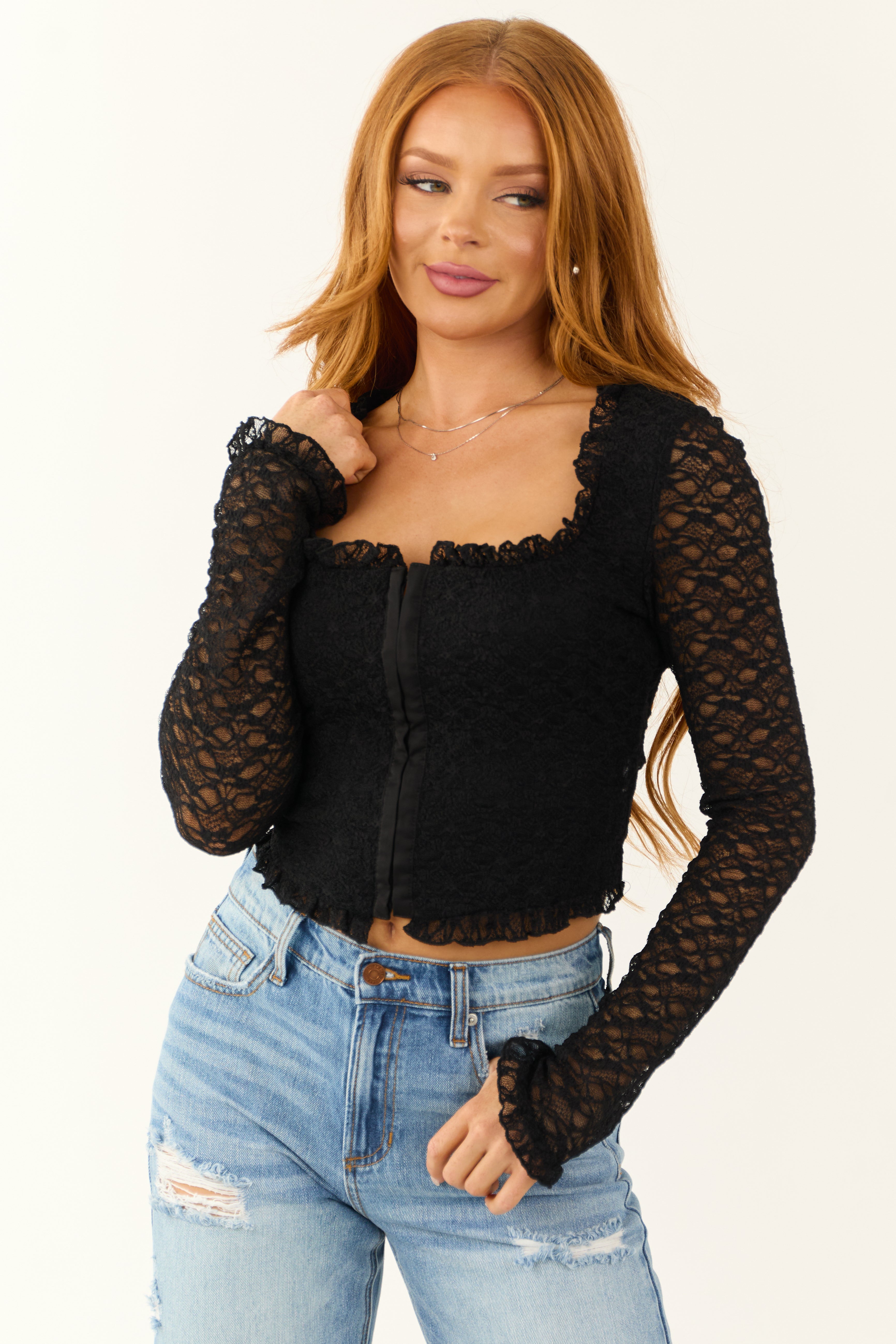 Women's Black Square Neck Lace Corset Top