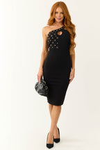 Women's Black Sleeveless Eyelet Stud Detail Midi Dress
