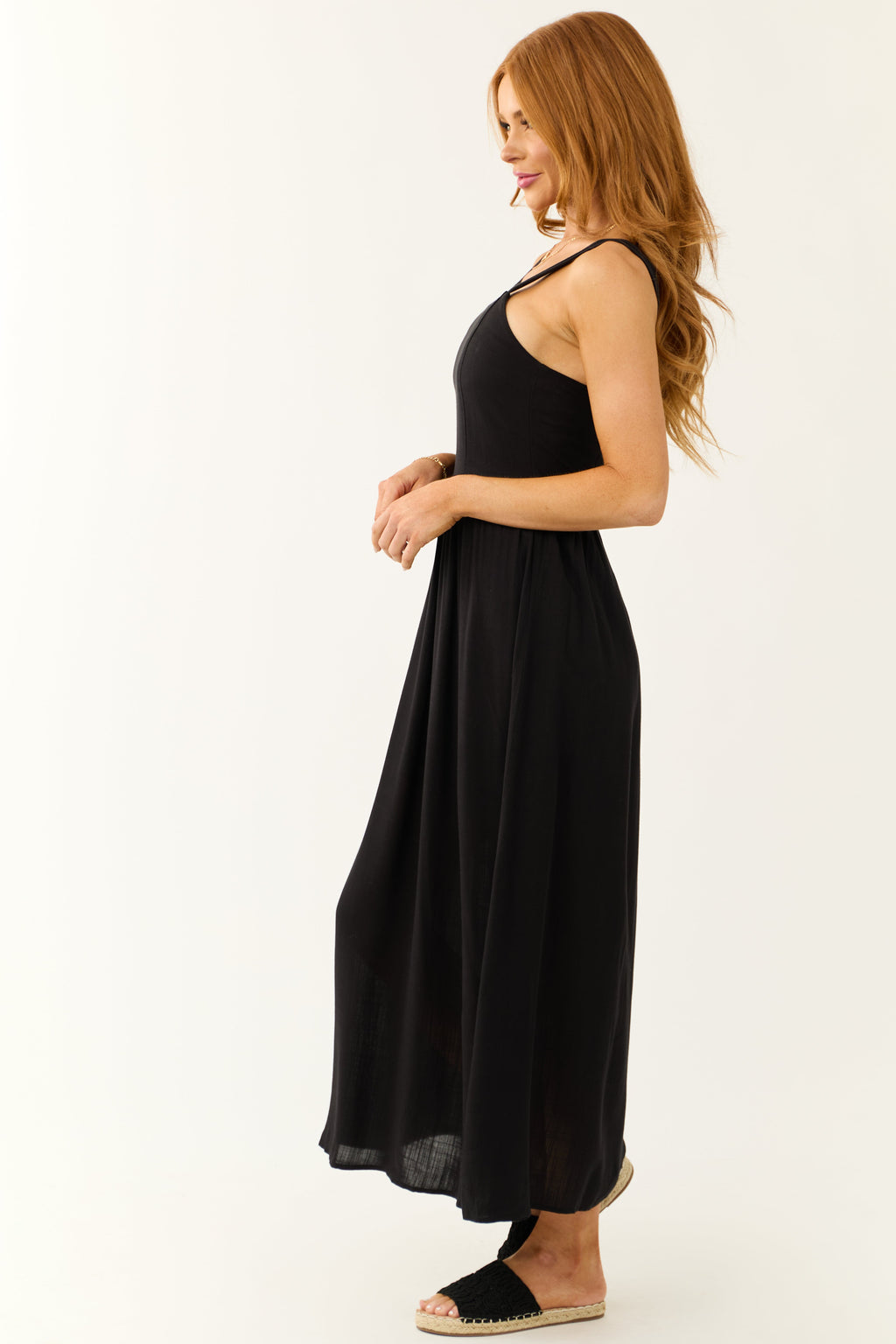 Women's Black Sleeveless Maxi Dress with Smocked Back