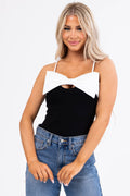 Women's Black Spaghetti Strap Bodysuit with White Bow