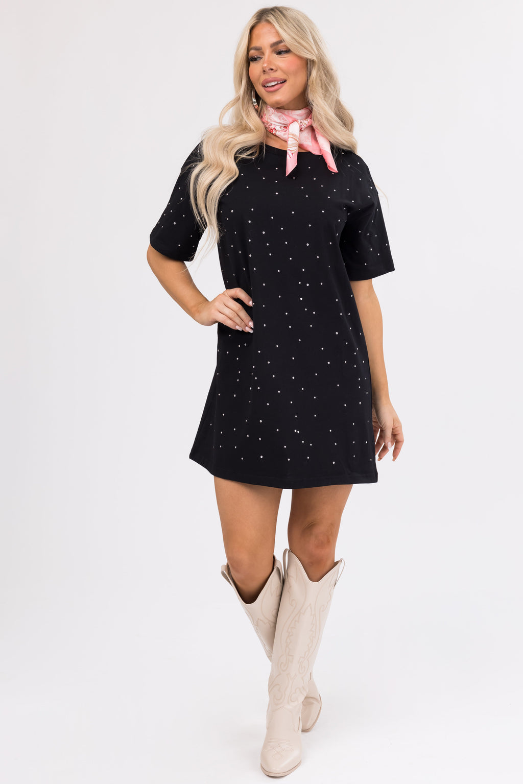 Women's Black Studded Short Sleeve Mini Dress