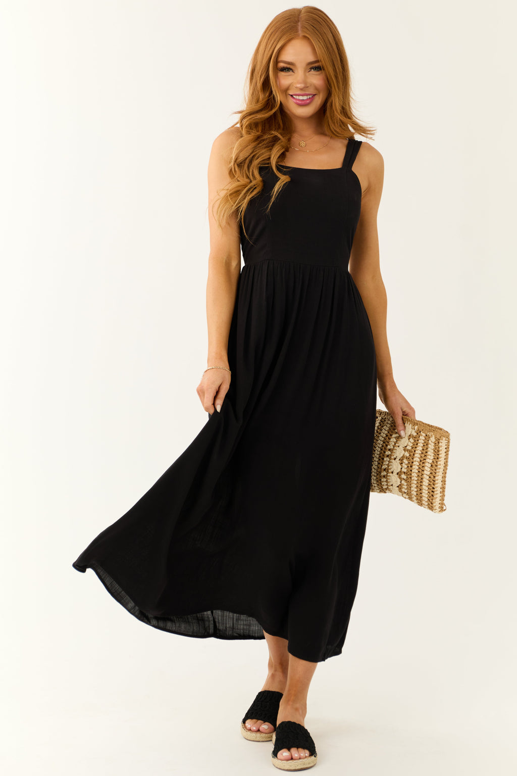 Women's Black Sleeveless Maxi Dress with Smocked Back