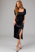 Women's Black Satin Square Neck Puff Sleeve Midi Dress
