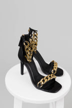 Women's Black Square Toe Chain Strap High Heels