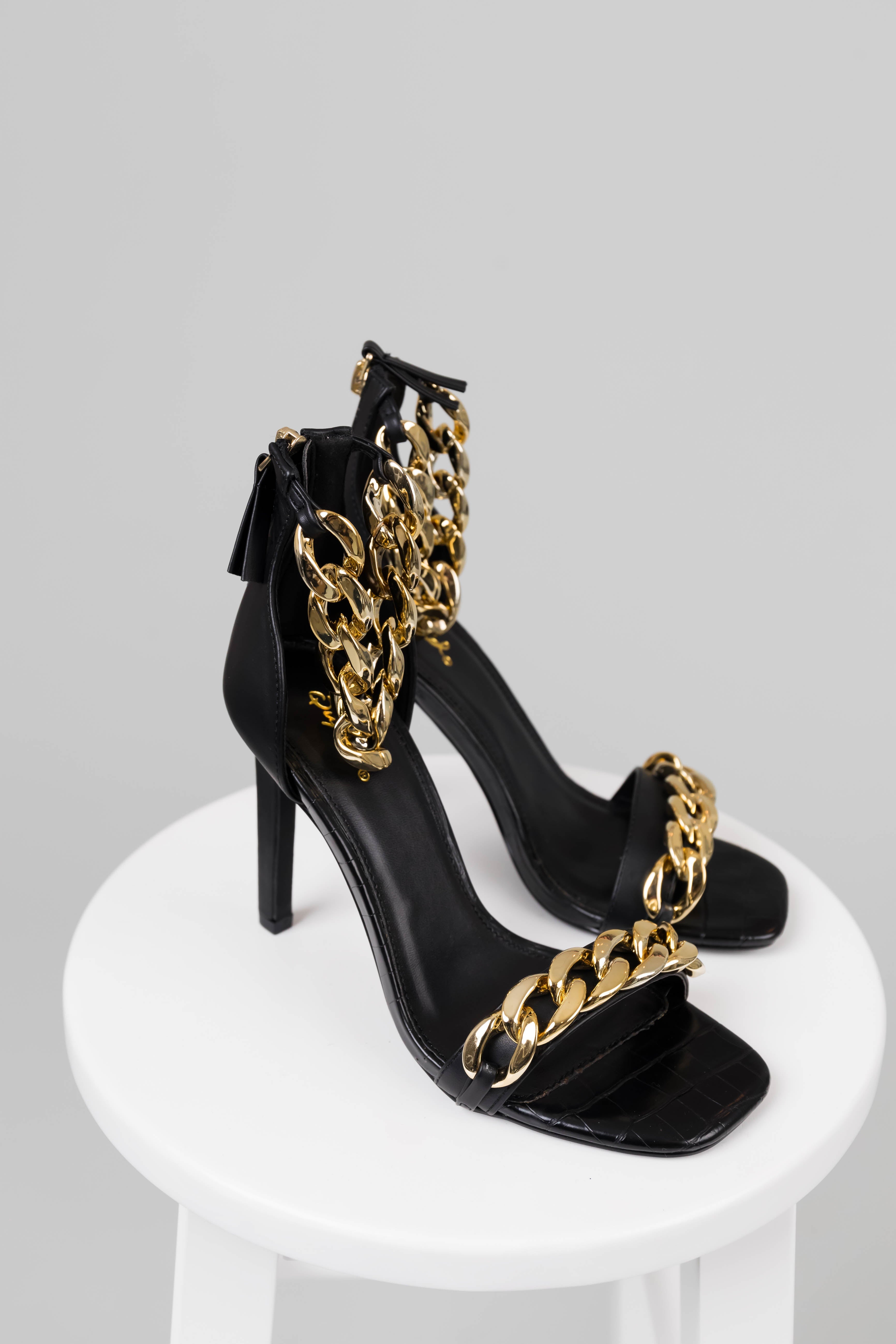 Women's Black Square Toe Chain Strap High Heels