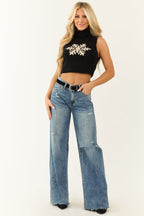 Women's Black Snowflake Graphic Turtleneck Crop Sweater