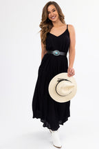 Women's Black Sleeveless V-Neck Textured Maxi Dress