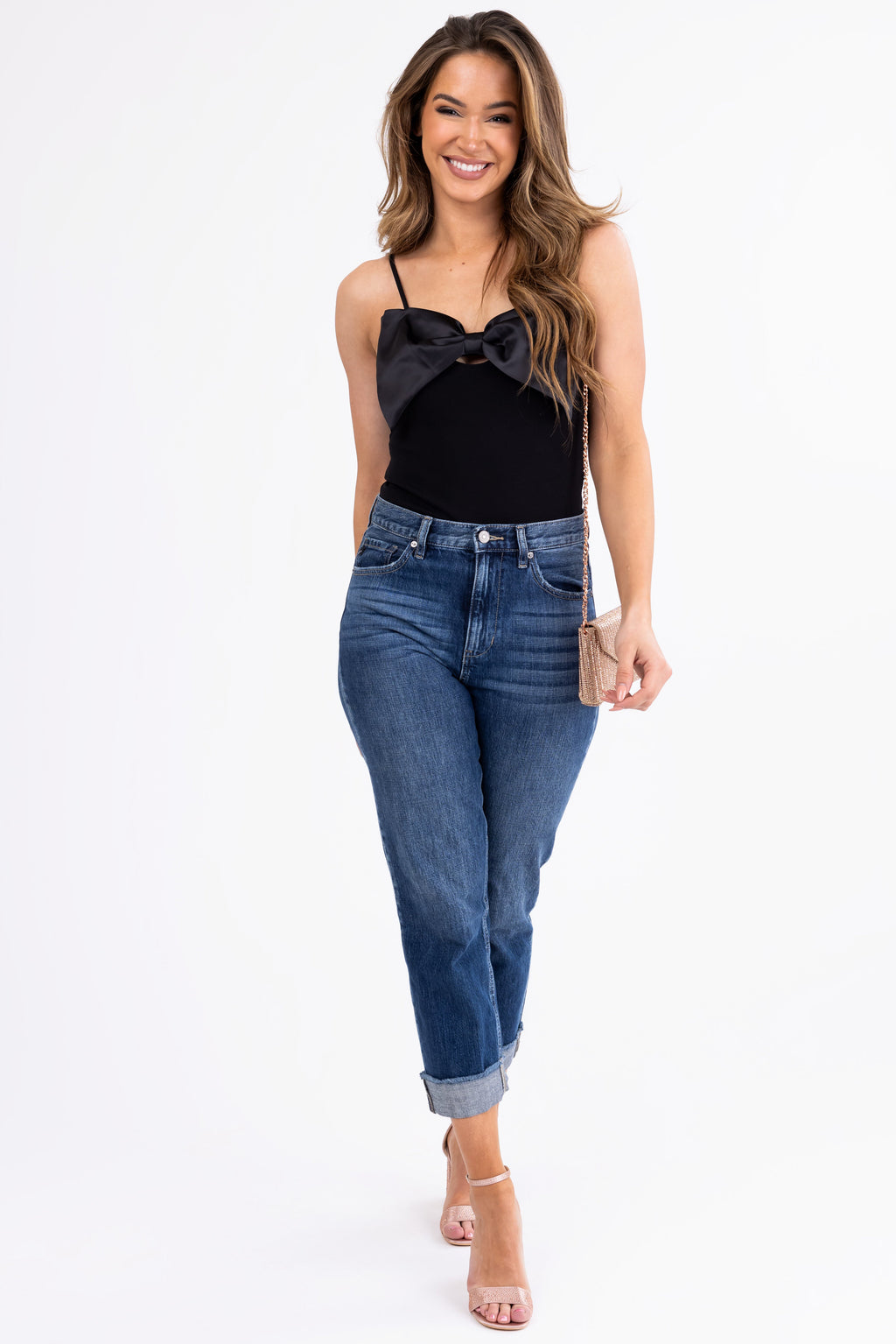 Women's Black Spaghetti Strap Bodysuit with Satin Bow