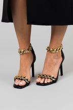 Women's Black Square Toe Chain Strap High Heels