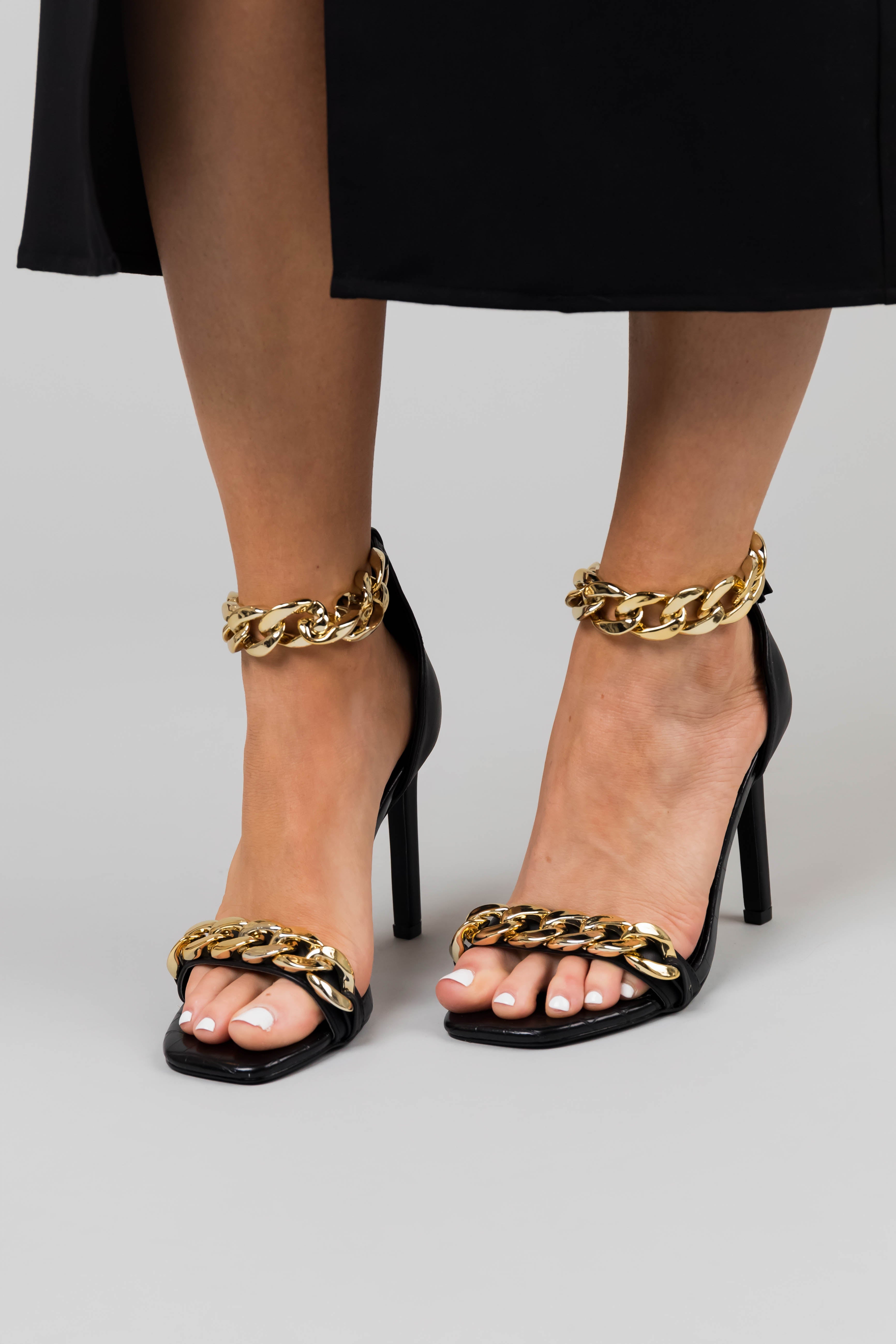Women's Black Square Toe Chain Strap High Heels